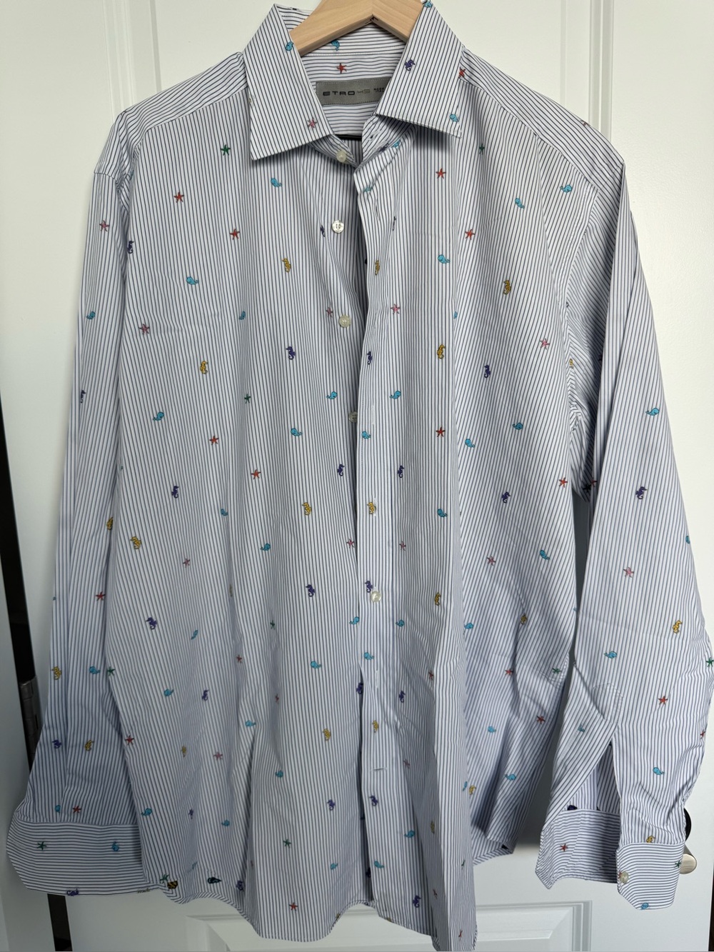 ETRO Italy 45 Embroidered Seahorse Whale Starfish Stripe Shirt XL